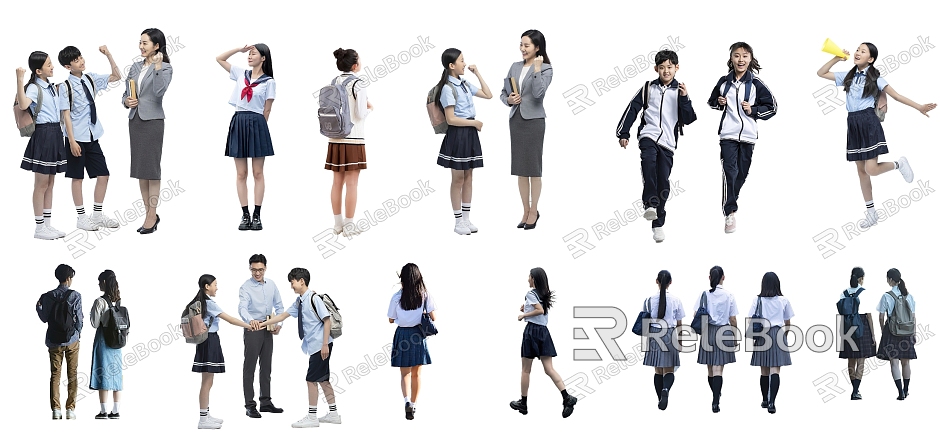 2D Chinese Middle School Students Asian Yellow People School Uniform Uniform Students model