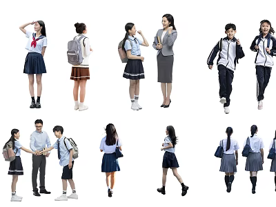 Group of Students and Teacher Wearing School Uniforms Interacting in Campus With Backpacks 3d model
