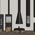 Modern Black Fireplace Designs With Glass Doors Conical Shapes And Wood Logs