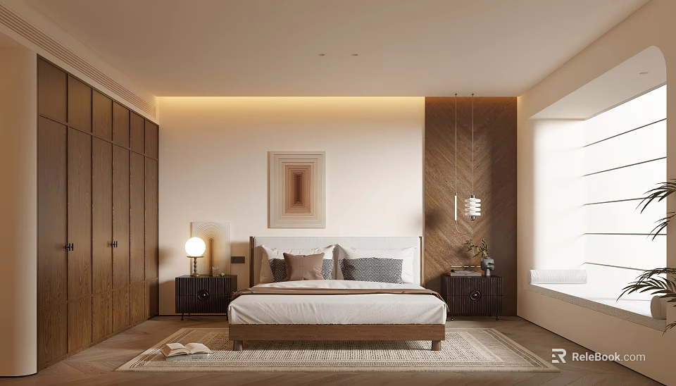 Contemporary Bedroom Interior Design With Wooden Wardrobes Bed Nightstands Pendant Light Artwork And Area Rug 3d model 
