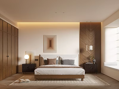 Contemporary Bedroom Interior Design With Wooden Wardrobes Bed Nightstands Pendant Light Artwork And Area Rug 3d model