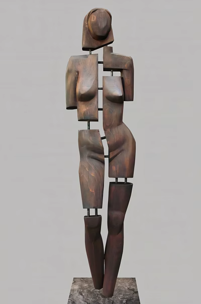 Artistic Wooden Carving Decorative Ornament Set with Abstract Human Figure Form in Dark Brown 3d model