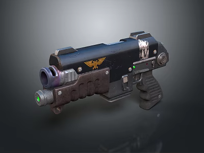 Futuristic Sci Fi Pistol With Black Body Golden Eagle Emblem And Green Indicator Light 3d model