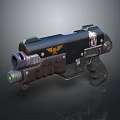 Futuristic Sci Fi Pistol With Black Body Golden Eagle Emblem And Green Indicator Light