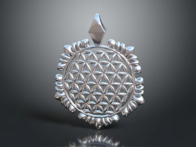 Intricate Silver Sculpture Pendant Featuring Circular Design Geometric Pattern And Decorative Edge 3d model