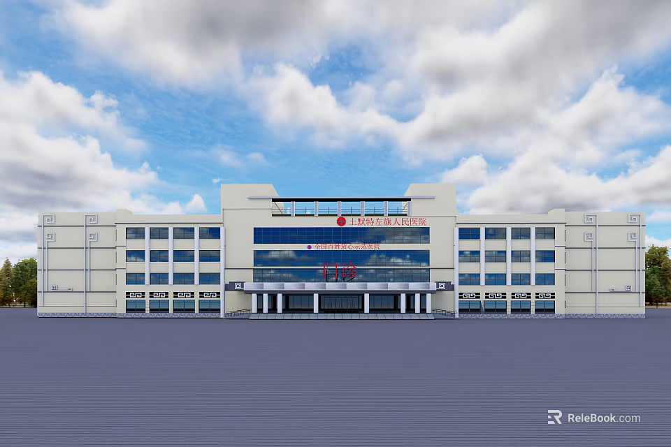 Modern Hospital Building Exterior With Large Windows And Square Area Under Blue Sky 3d model 