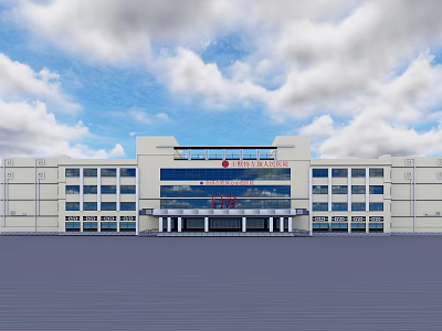 Modern Hospital Building Exterior With Large Windows And Square Area Under Blue Sky 3d model