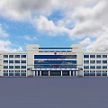 Modern Hospital Building Exterior With Large Windows And Square Area Under Blue Sky