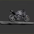 Black Sporty Motorcycle Showcased on Gray Stone Platform with Dark Background