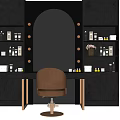 Modern Dressing Table With Arched Lighted Mirror Black Cabinets Brown Leather Chair And Skincare Shelves