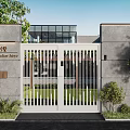 Modern White Slatted Entrance Gate With Stone Walls Green Plants And Background Building
