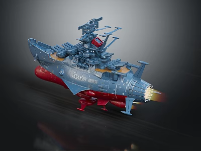 Blue And Red Sci Fi Fighter Jet Model Featuring Multiple Turrets And Flame Exhaust 3d model