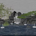 Garden Ornamental Rockery With Flowing Water White Swans Pine Trees And Green Plants