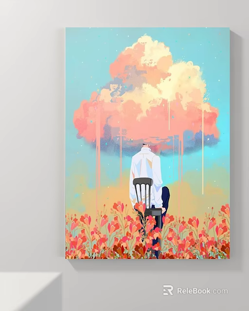 Abstract Painting of Person Sitting on Chair With Large Pink Yellow Cloud and Red Flower Field 3d model 