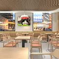 Modern Restaurant Interior With Wooden Tables Pendant Lights And Green Wall Art