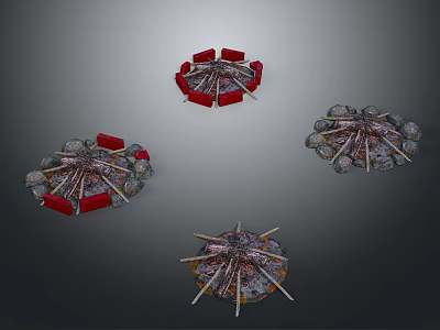 Different Designed Round Dining Tables With Red Chairs And Various Tabletop Patterns 3d model