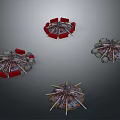 Different Designed Round Dining Tables With Red Chairs And Various Tabletop Patterns