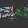 Vintage Bicycle With Basket Next To Light Blue Bench Foldable Table Bread And Lantern