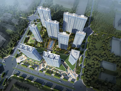 Aerial Urban Residential Community Planning With High Rise Buildings Green Areas And Roads 3d model