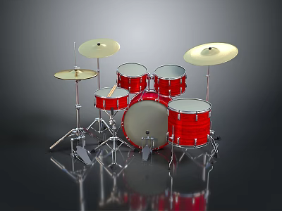 Red Complete Drum Set with Multiple Drums and Cymbals Musical Instrument 3d model