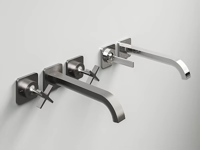 Modern Silver Metal Wall Mounted Faucets With Sleek Design On White Wall 3d model