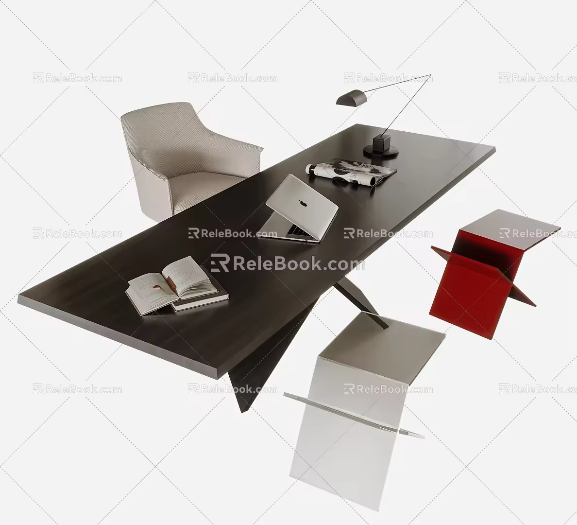 Desk and Chair Combination Stool Desk Lamp 3d model