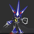 Blue White Red Mechanical Character With Red Eyes Yellow Circular Core And Mechanical Claw