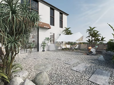 Tranquil Garden Landscape With White Building Stone Slabs Pebbles Palm Trees And Outdoor Furniture 3d model
