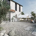 Tranquil Garden Landscape With White Building Stone Slabs Pebbles Palm Trees And Outdoor Furniture