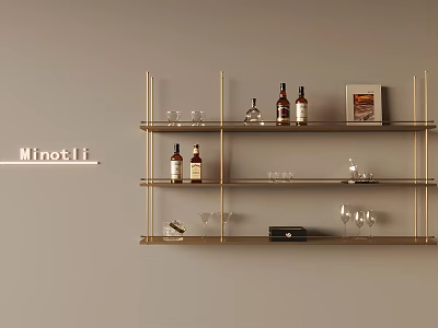 Elegant Modern Gold Wine Rack With Wine Bottles Glasses And Decorative Items 3d model
