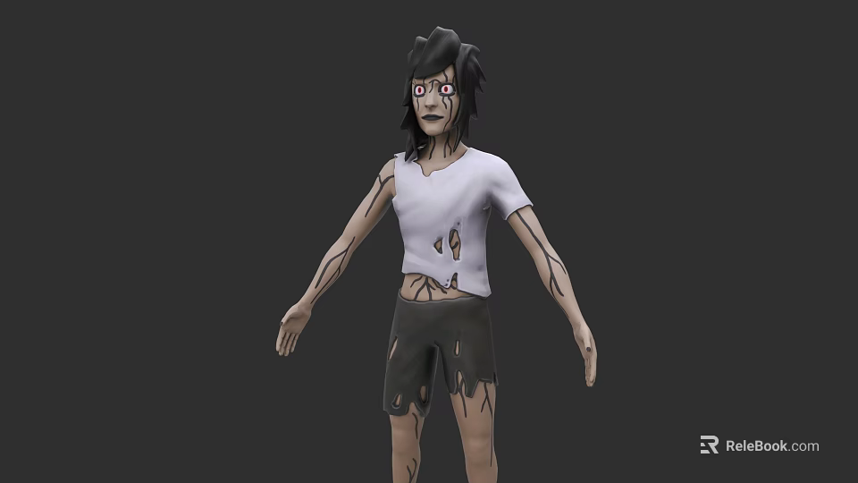 Scary 3D Game And Movie Character With Black Messy Hair Red Eyes And Torn Clothes 3d model 