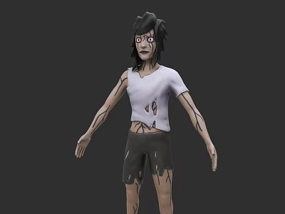 Scary 3D Game And Movie Character With Black Messy Hair Red Eyes And Torn Clothes 3d model