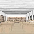 Modern Learning Space Interior With Wooden Tables Stools Bookshelves And Windows