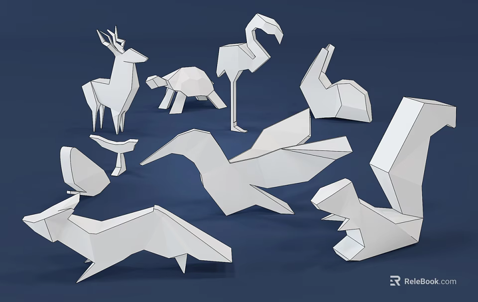 Origami Style Animal Ornament Decoration Set With White Figurines For Home Decor 3d model 
