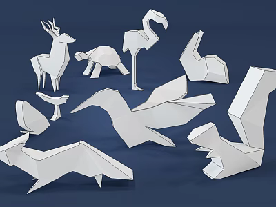 Origami Style Animal Ornament Decoration Set With White Figurines For Home Decor 3d model