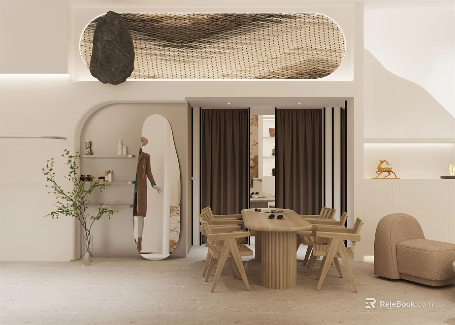 Modern Elegant Clothing Store Interior Featuring Beige Wooden Furniture Mannequin Display Shelves And Green Plants 3d model 