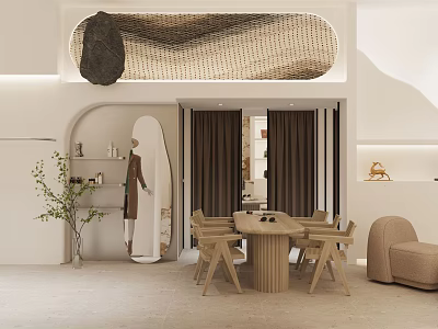 Modern Elegant Clothing Store Interior Featuring Beige Wooden Furniture Mannequin Display Shelves And Green Plants 3d model