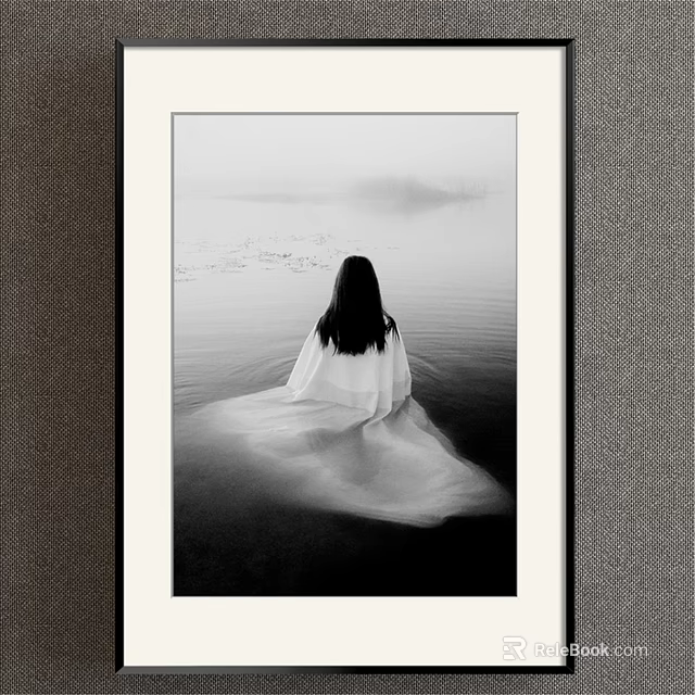 Black and White Portrait Long Haired Woman Rear View by Calm Water Blurred Background 3d model 