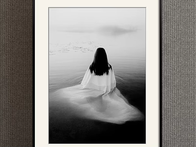 Black and White Portrait Long Haired Woman Rear View by Calm Water Blurred Background 3d model