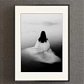 Black and White Portrait Long Haired Woman Rear View by Calm Water Blurred Background