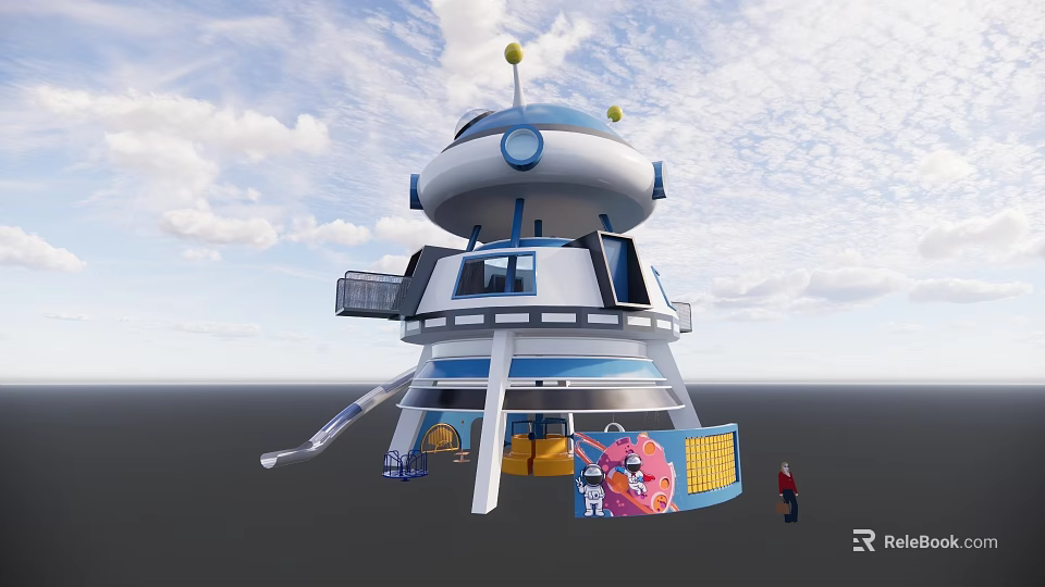 Rocket Shaped Kids Playground With Blue And White Design Yellow Balls Slide And Cartoon Decorations 3d model 