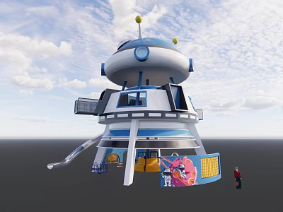 Rocket Shaped Kids Playground With Blue And White Design Yellow Balls Slide And Cartoon Decorations 3d model