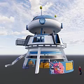Rocket Shaped Kids Playground With Blue And White Design Yellow Balls Slide And Cartoon Decorations