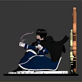 Action Pose Character In Blue Outfit With Black Hair And Orange Explosion Effects