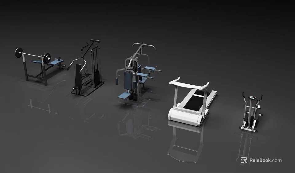Sports Equipment Collection With Treadmill Weight Bench Multi Functional Trainer And Elliptical Machine 3d model 