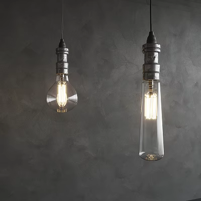 Vintage Industrial Pendant Lights With Glass Bulbs And Metal Bases On Gray Background 3d model