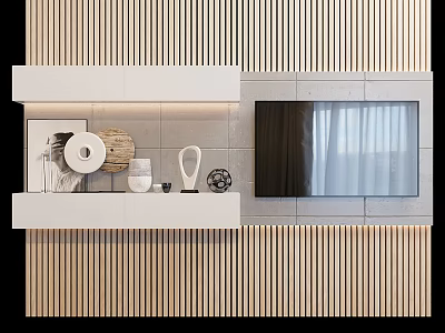 Modern TV Background Wall With Wooden Slats Gray Wall White Shelves And Decorative Items 3d model