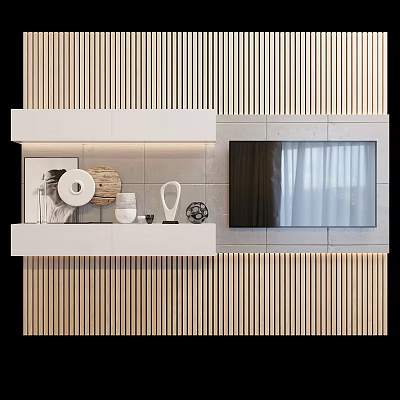 Modern TV Background Wall With Wooden Slats Gray Wall White Shelves And Decorative Items 3d model