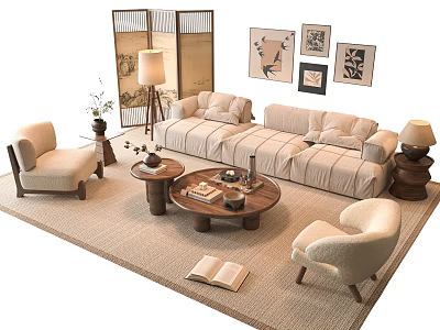 Japanese Style Sofa and Coffee Table Set with Armchairs Decorative Paintings and Floor Lamp 3d model