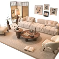 Japanese Style Sofa and Coffee Table Set with Armchairs Decorative Paintings and Floor Lamp